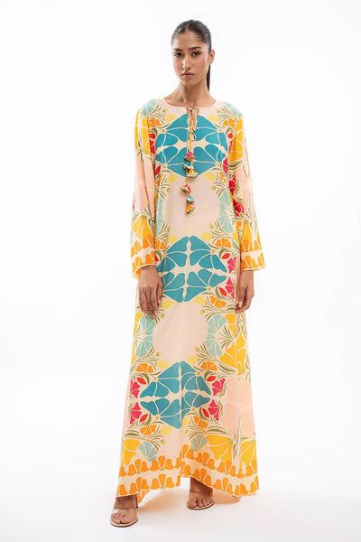Bohemian Floral Geometrical Colorful Full-Length Long Sleeve Women's Dress
