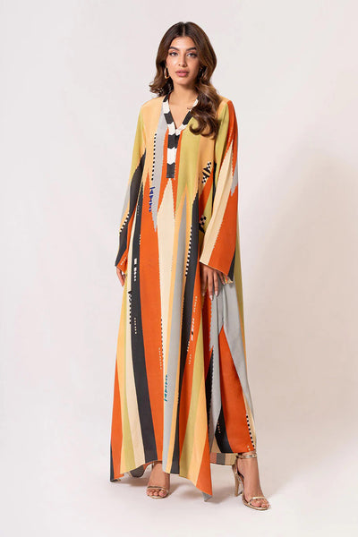 Boho Chic Multi Color Geometric Modern Ethnic Kaftan With Bold Stripe