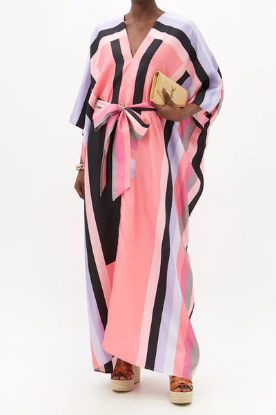 Womens Kaftan In Pink Color With Waist Belt And V Neck Style