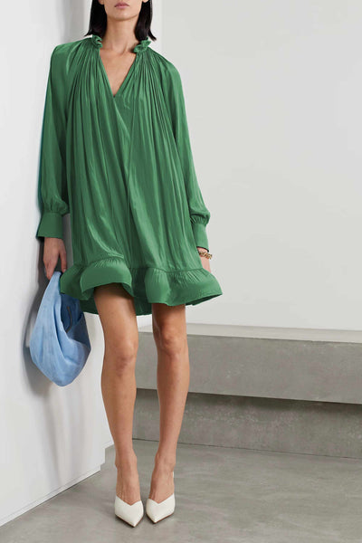 Satin Swing Top with Gathered Neckline and Ruffled Hem in Green
