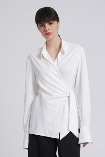Chic Wrap-Style White Shirt with Asymmetric Hem for Women