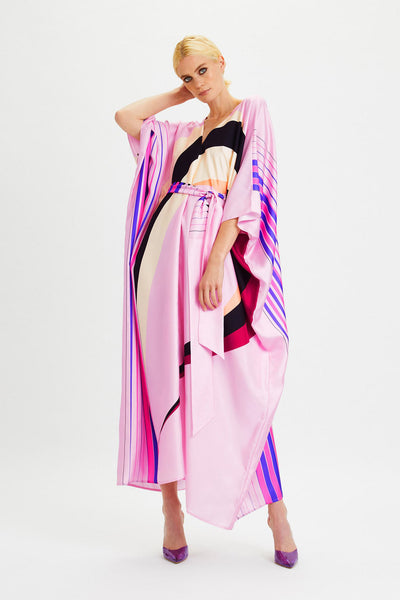 Candy Pink Womens Kaftan With Waist Belt And Geometric Print V Neck Style 