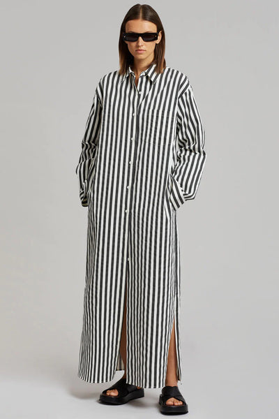 Cotton Elegance Stripes Premium Full Length Shirt Dress Black Color