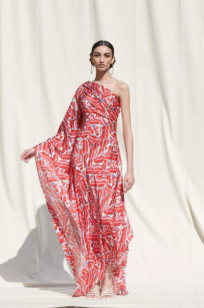 Model showcasing a one-shoulder red and white abstract print Kaftan, ideal for fashion forward attire in upscale events, by the Crimson Cascade collection