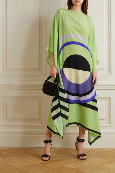 Geometric Print Womens Kaftan In Green Color Made With Silk Fabric