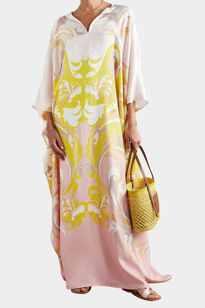 Floral Design Silk Kaftan For Womens In Pink Color