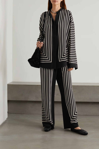 Monochrome striped Black Color co-ord set for women, slim-fit jacket and straight-leg trousers, modern fashion co-ord set