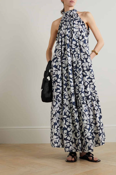 Women's Floral Print Sleeveless Maxi Dress in Navy Blue - Flowy and elegant, perfect for summer outings and casual events.