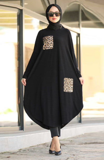 Black modest tunic with leopard print details on pocket and side, perfect for a fashion forward modest wardrobe 
