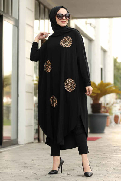 Leopard Luxe Flowy Tunic with black base and leopard print accents modest elegant design