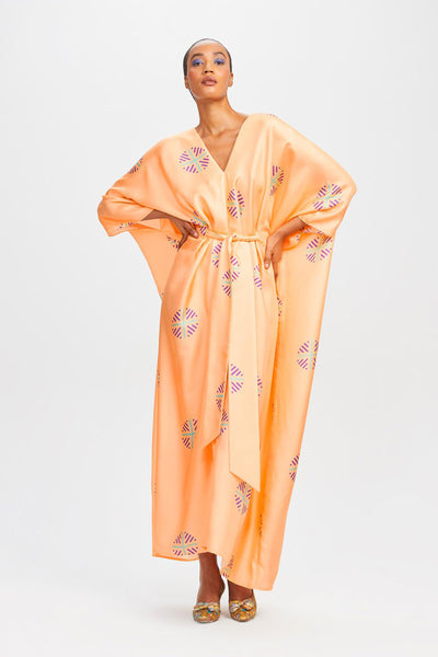 Womens Kaftan With Waist Belt In Peach Color Silk Fabric With V Neck Style 
