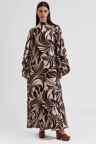 Chic A-Line Silk Dress with Leafy Pattern, High Neck Collar - Cream and Brown