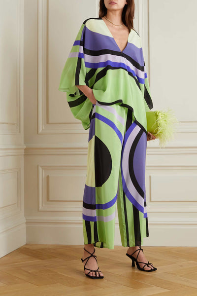 Lime Green Color Co ord Set Geometric Print With Beautiful Kaftan Style Top
