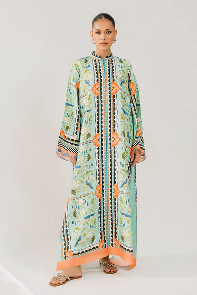 Floral Patterned Long Kaftan Dress For Women's - Pastel Green & Orange