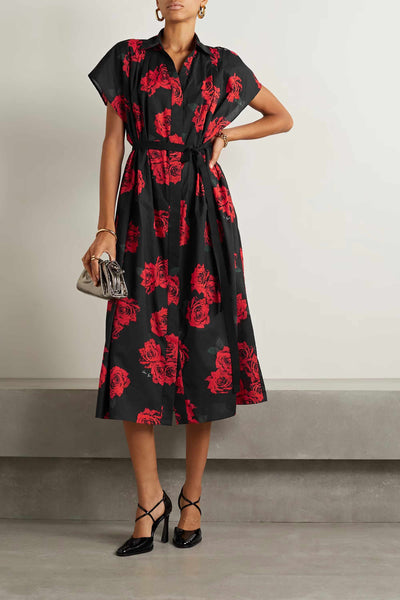 Red and black floral kurti with rose pattern and waist tie, perfect for a stylish and traditional look