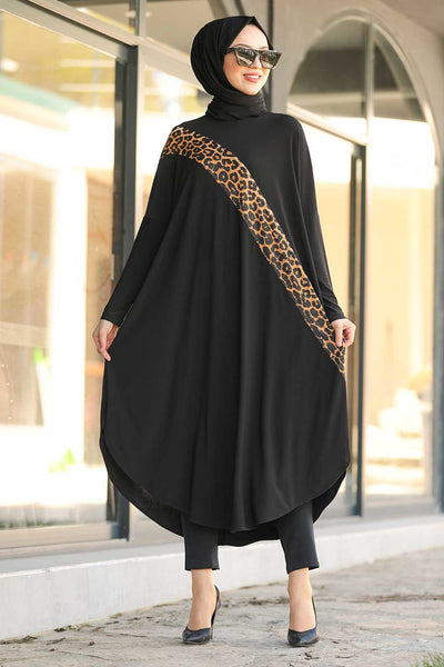 Elegant black modest tunic with subtle animal print detailing, blending traditional style with a modern twist for versatile wear