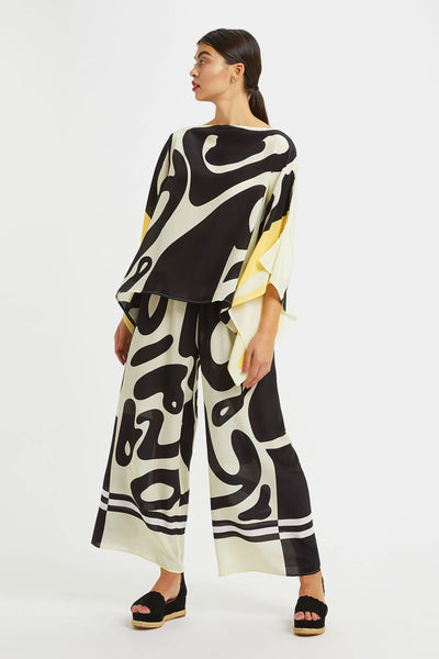 Black And White Color Print Silk Co ord Set For Womens With Kaftan Style Top And Boat Neck Style 