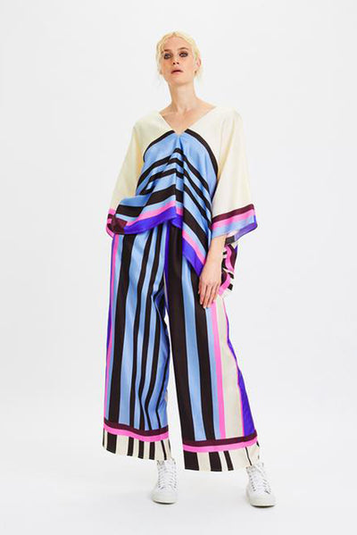 Model wearing Stripes Gala Co-ord Set with draped top and striped palazzo pants for fashion forward attire