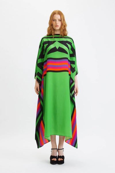A Vibrant Spectrum Striped Kaftan Dress with bold geometric patterns in green, black, and rainbow stripes, perfect for a colorful summer wardrobe.