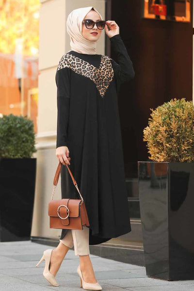 Womens tunic with leopard print accents, available in various colors, perfect for versatile fashion styles