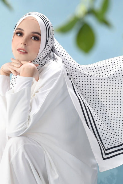White elegant hijab scarf with black polka dots and stripes design for stylish modest wear